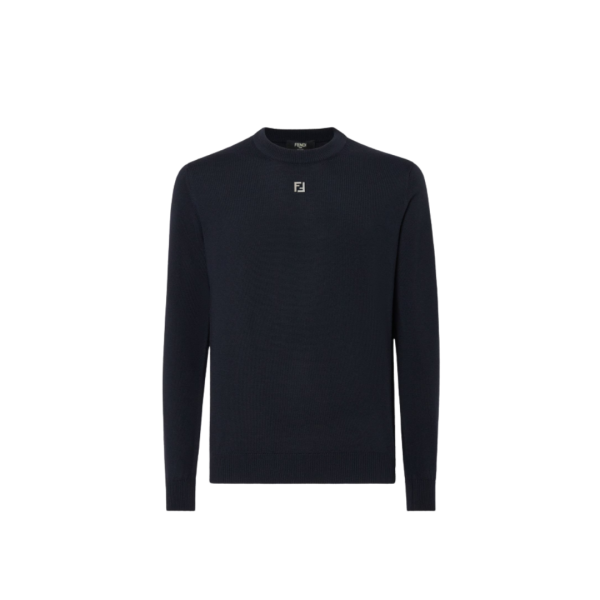 Pull col rond FENDI laine bleu marine petit logo FF métal