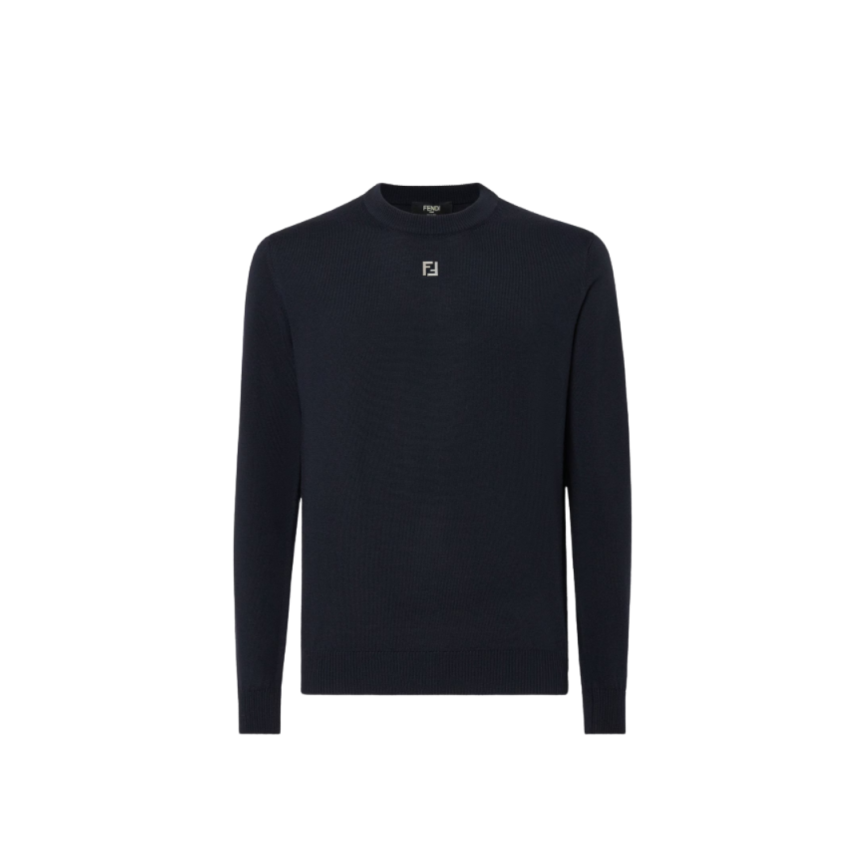 Pull col rond FENDI laine bleu marine petit logo FF métal