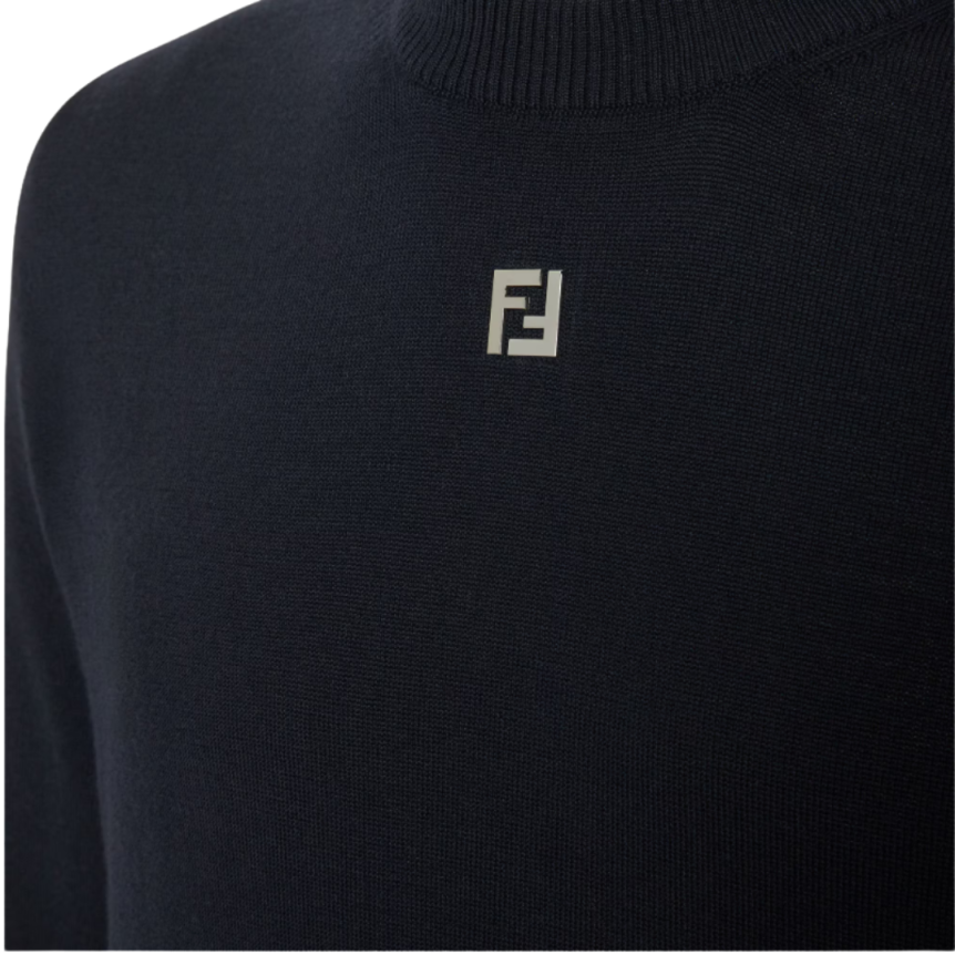 Pull col rond FENDI laine bleu marine petit logo FF métal