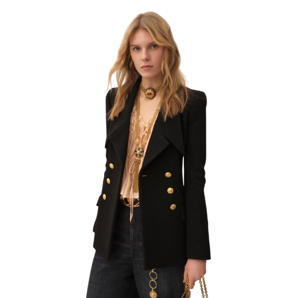 Veste Blazer CHLOE double boutonnage laine bouclée noire bouton doré