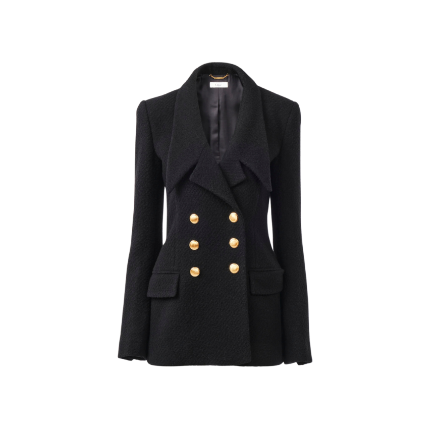 Veste Blazer CHLOE double boutonnage laine bouclée noire bouton doré
