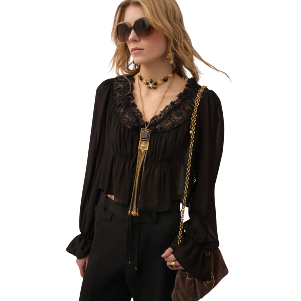 Top blouse CHLOE Georgette soie noire volants col dentelle