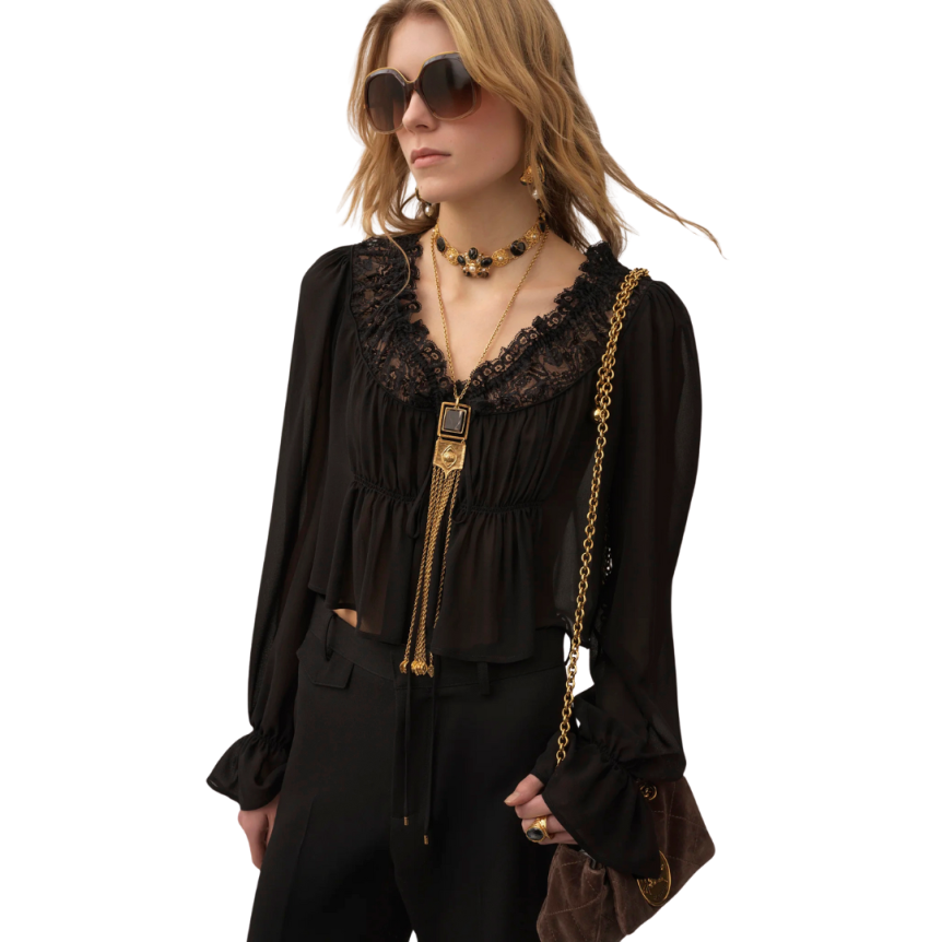Top blouse CHLOE Georgette soie noire volants col dentelle
