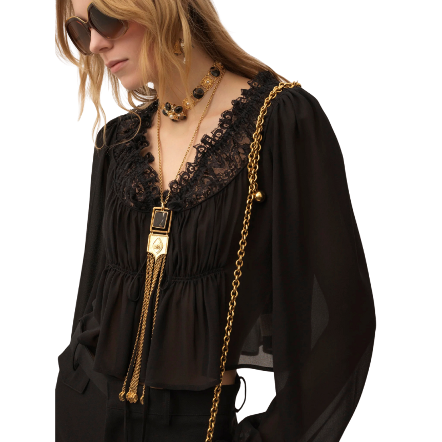 Top blouse CHLOE Georgette soie noire volants col dentelle