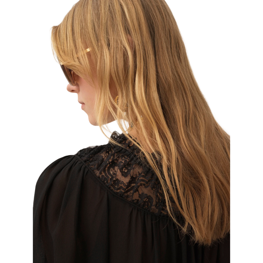 Top blouse CHLOE Georgette soie noire volants col dentelle