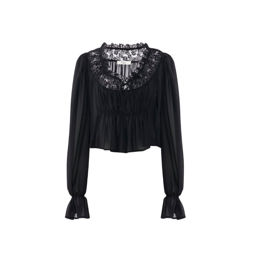 Top blouse CHLOE Georgette soie noire volants col dentelle