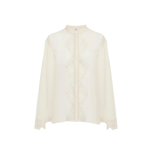 Blouse fluide CHLOE georgette soie ecrue dentelle bouton nacre