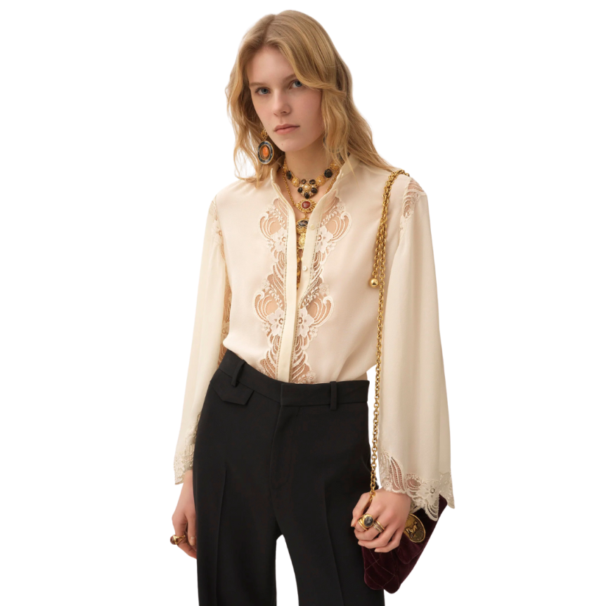 Blouse fluide CHLOE georgette soie ecrue dentelle bouton nacre