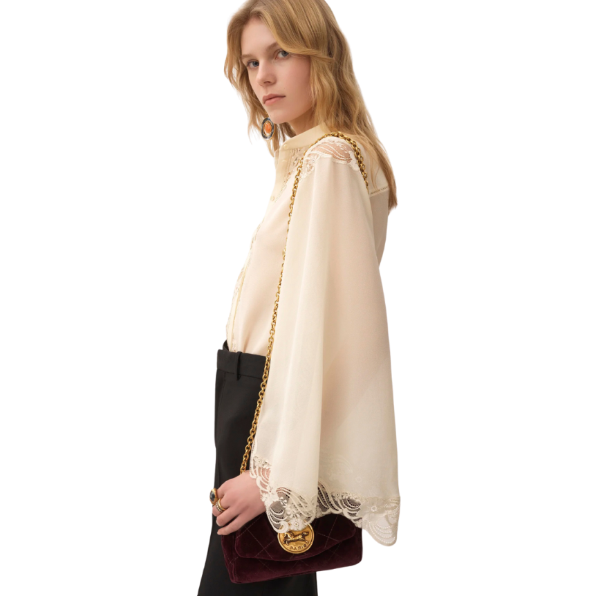 Blouse fluide CHLOE georgette soie ecrue dentelle bouton nacre