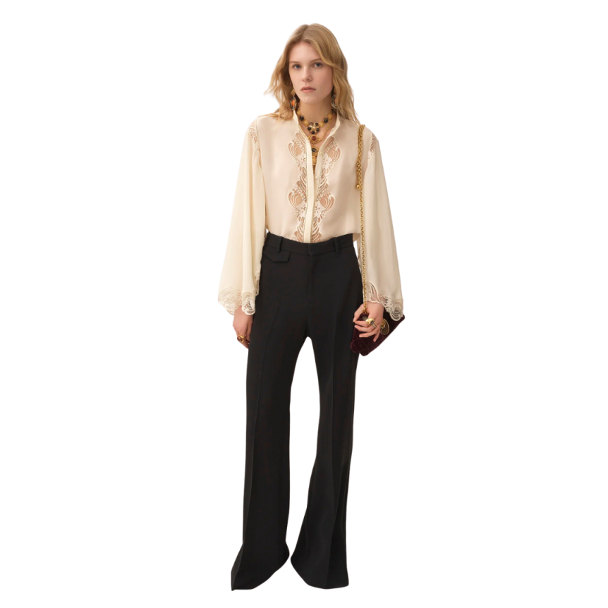 Blouse fluide CHLOE georgette soie ecrue dentelle bouton nacre