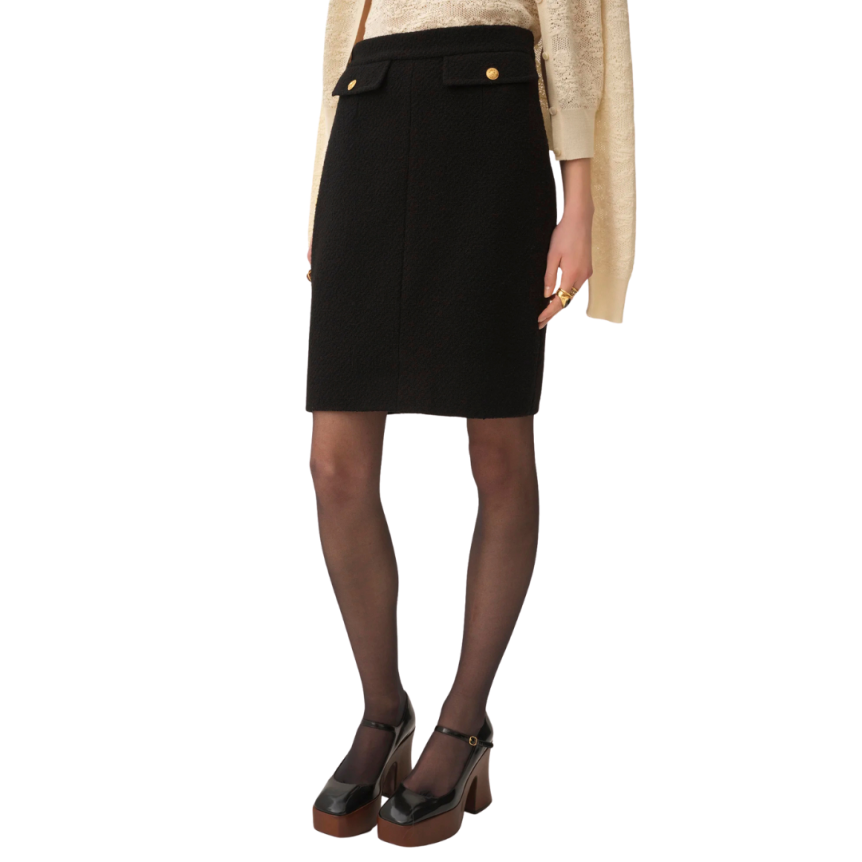 Jupe tailleur CHLOE mi-longue laine bouclée noire bouton doré
