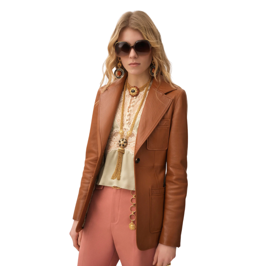 Veste blazer CHLOE boutonnage simple cuir agneau  souple  Gold bouton corne