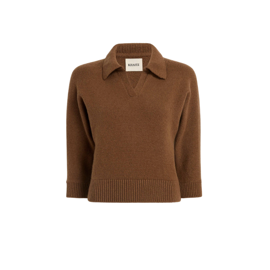 Pull court KHAITE Hervé manche 3/4 col polo cachemire marron