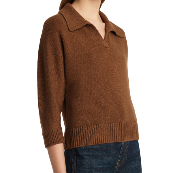 Pull court KHAITE Hervé manche 3/4 col polo cachemire marron