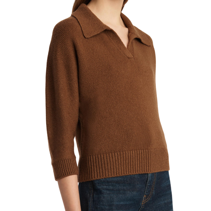 Pull court KHAITE Hervé manche 3/4 col polo cachemire marron