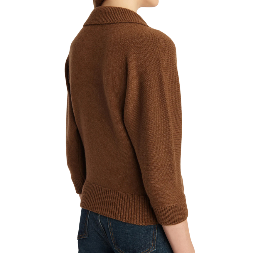 Pull court KHAITE Hervé manche 3/4 col polo cachemire marron