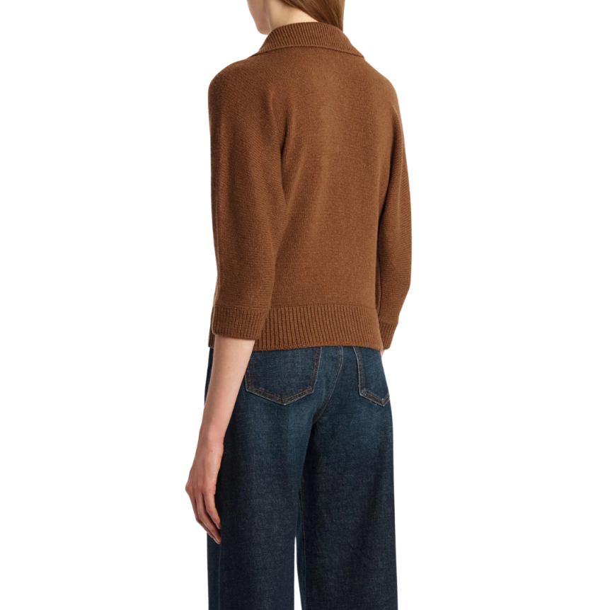 Pull court KHAITE Hervé manche 3/4 col polo cachemire marron