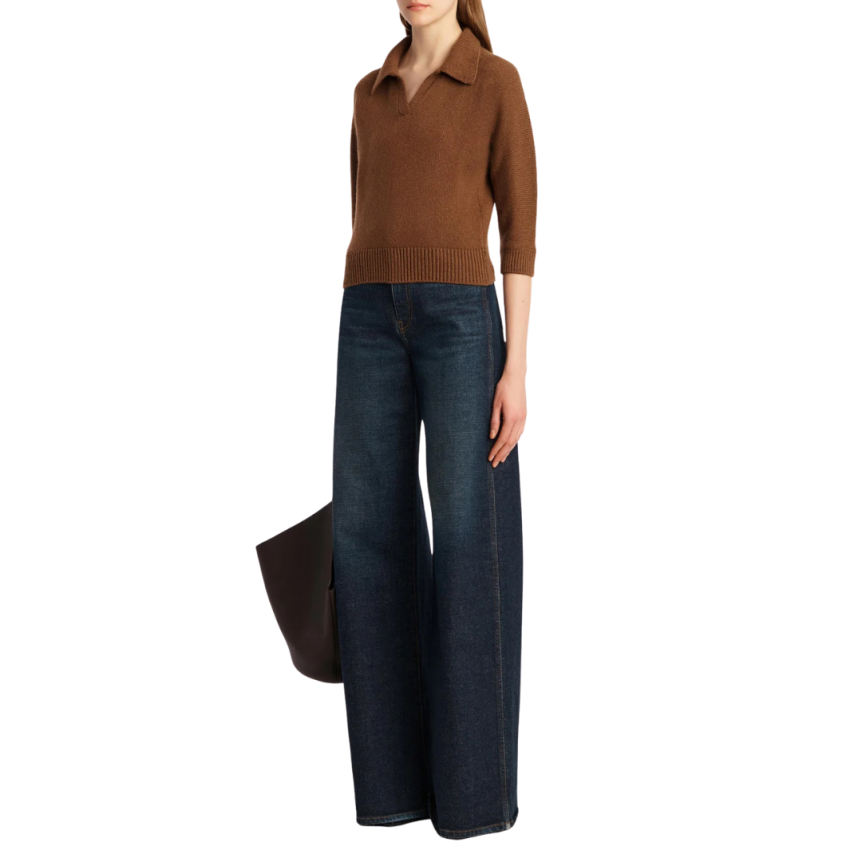 Pull court KHAITE Hervé manche 3/4 col polo cachemire marron