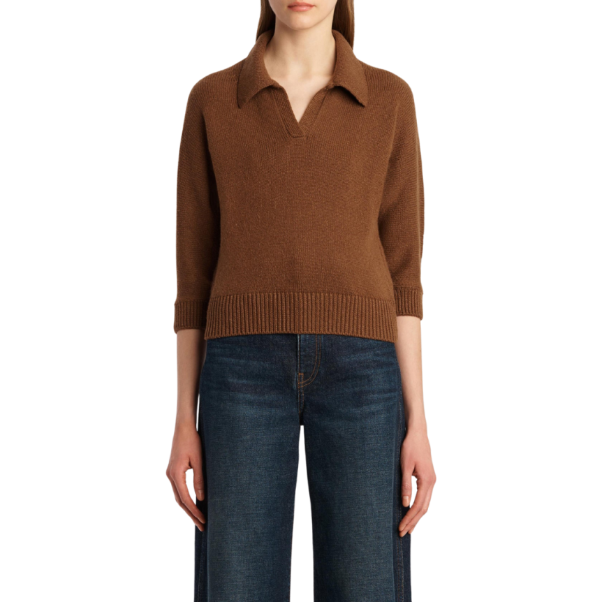 Pull court KHAITE Hervé manche 3/4 col polo cachemire marron