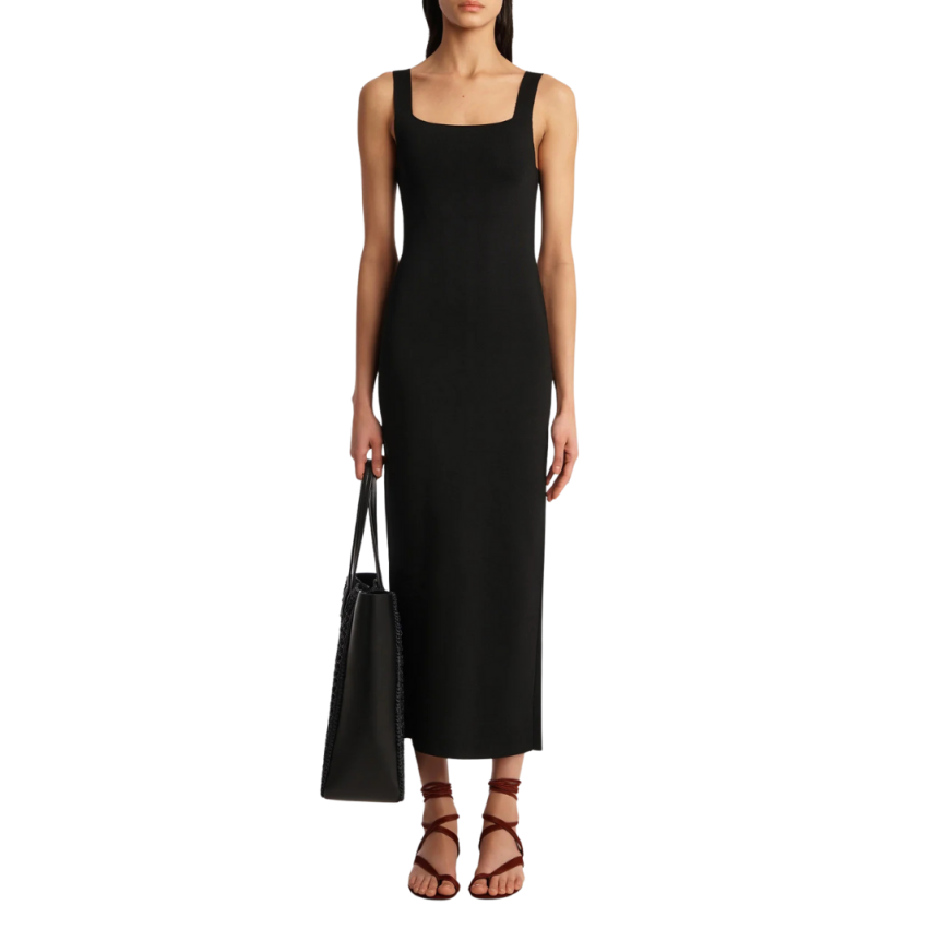 KHAITE Robe longue Dixi maille viscose noire sans manches col carré