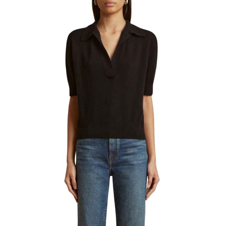 Pull KHAITE Shrunken col polo manche courte cachemire noir