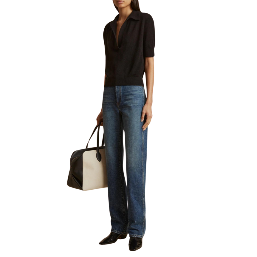 Pull KHAITE Shrunken col polo manche courte cachemire noir