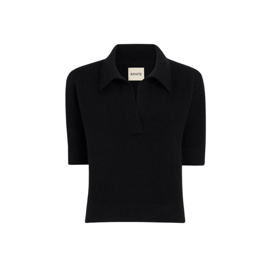 Pull KHAITE Shrunken col polo manche courte cachemire noir