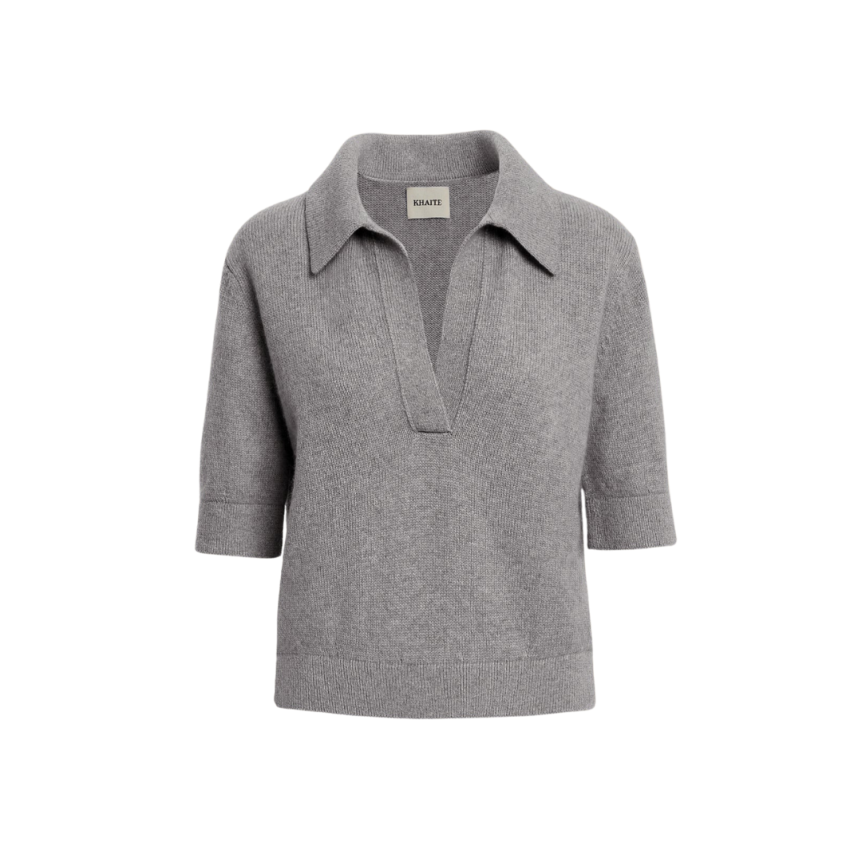 Pull KHAITE Shrunken col polo manche courte cachemire gris
