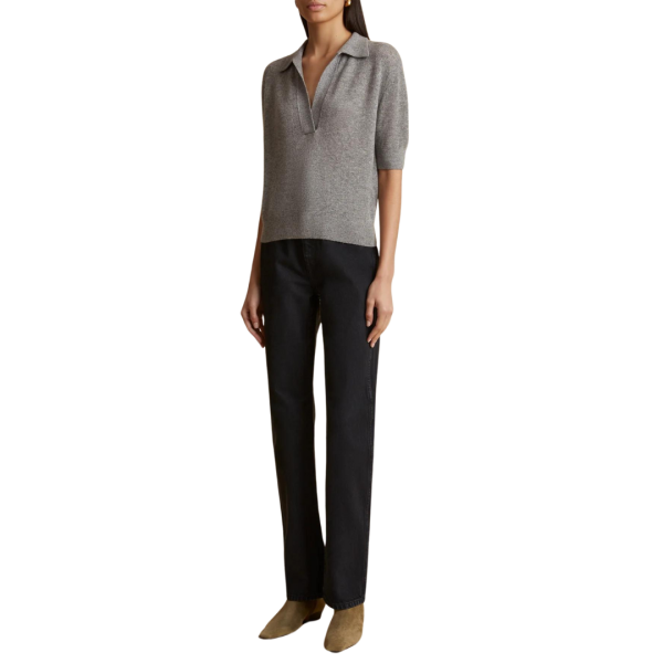 Pull KHAITE Shrunken col polo manche courte cachemire gris