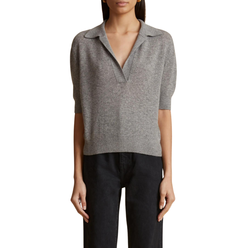 Pull KHAITE Shrunken col polo manche courte cachemire gris