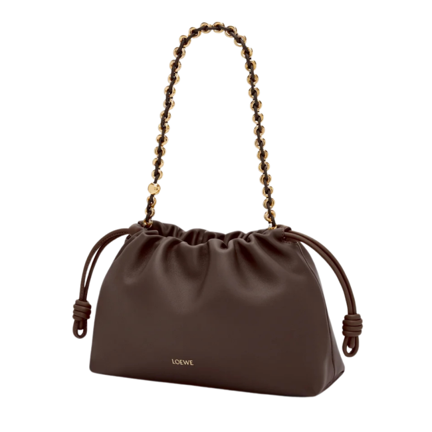 LOEWE Grand Flamenco Purse sac cuir agneau nappa marron foncé chaine or bandoulière