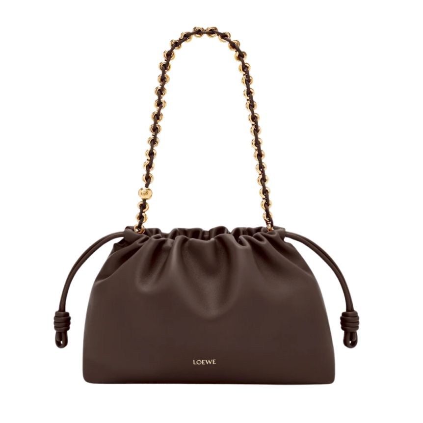 LOEWE Grand Flamenco Purse sac cuir agneau nappa marron foncé chaine or bandoulière