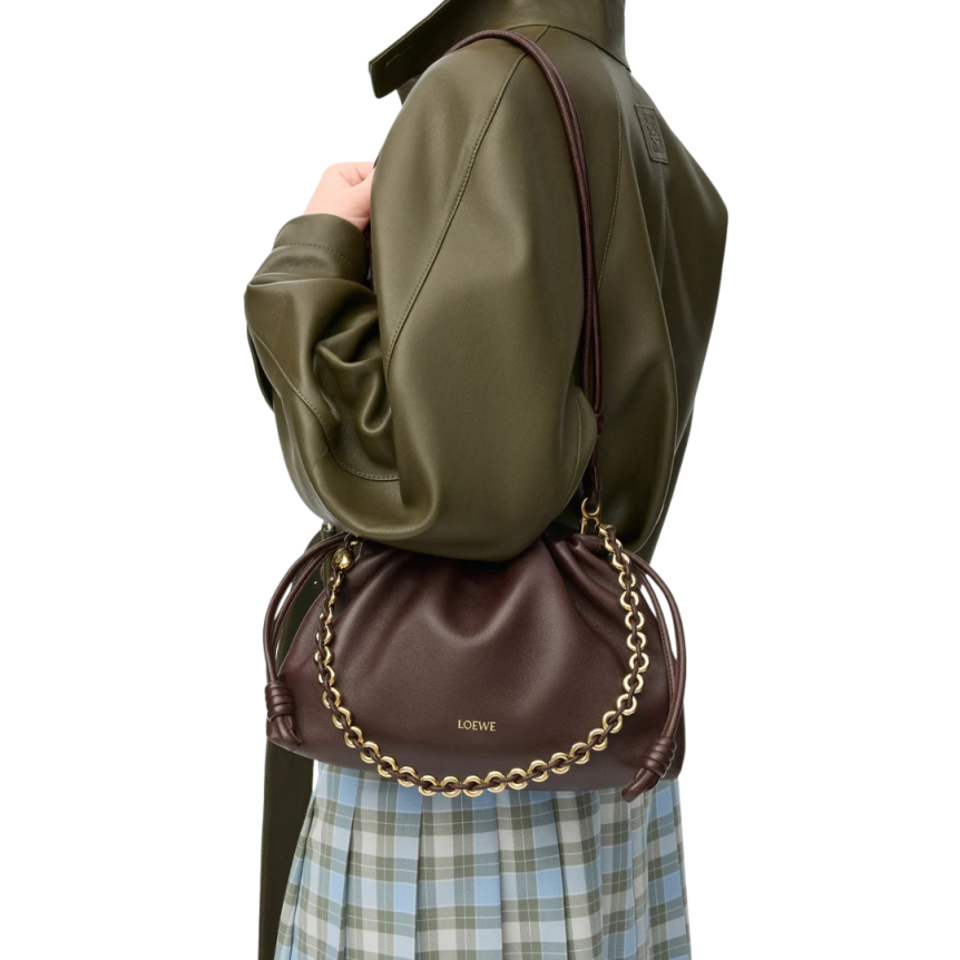 LOEWE Grand Flamenco Purse sac cuir agneau nappa marron foncé chaine or bandoulière