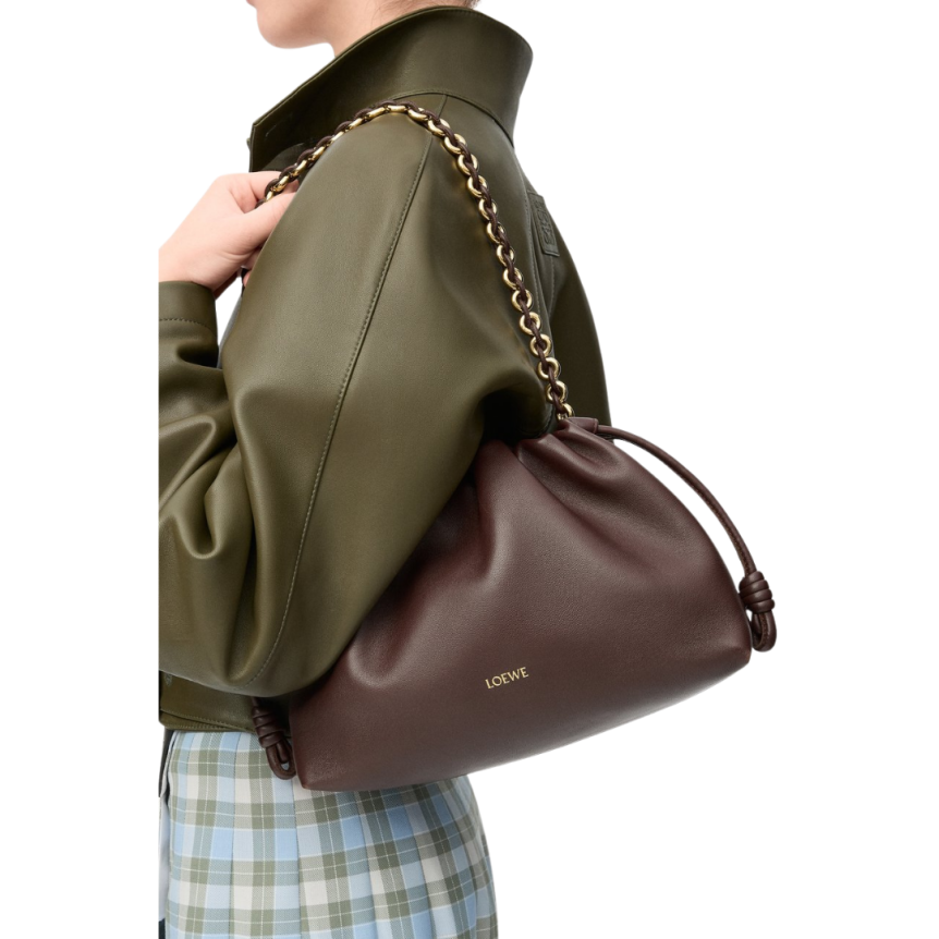 LOEWE Grand Flamenco Purse sac cuir agneau nappa marron foncé chaine or bandoulière