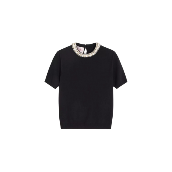 Pull manche courte VALENTINO col rond laine vierge noire broderie col bijou