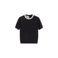 Pull manche courte col rond laine vierge noire broderie col bijou