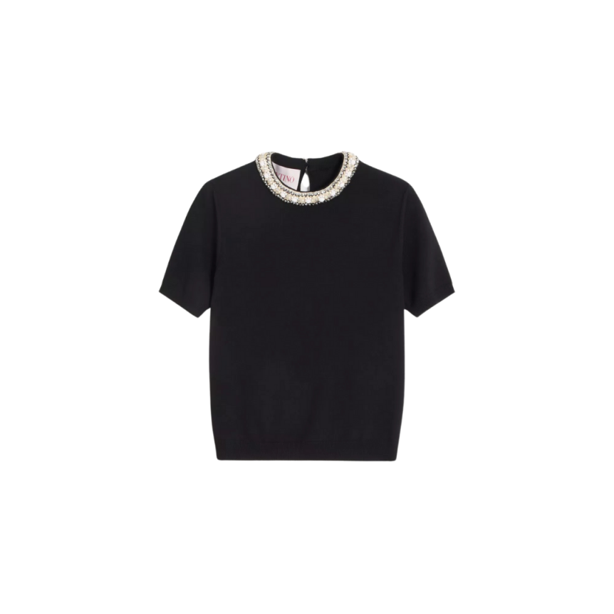 Pull manche courte VALENTINO col rond laine vierge noire broderie col bijou