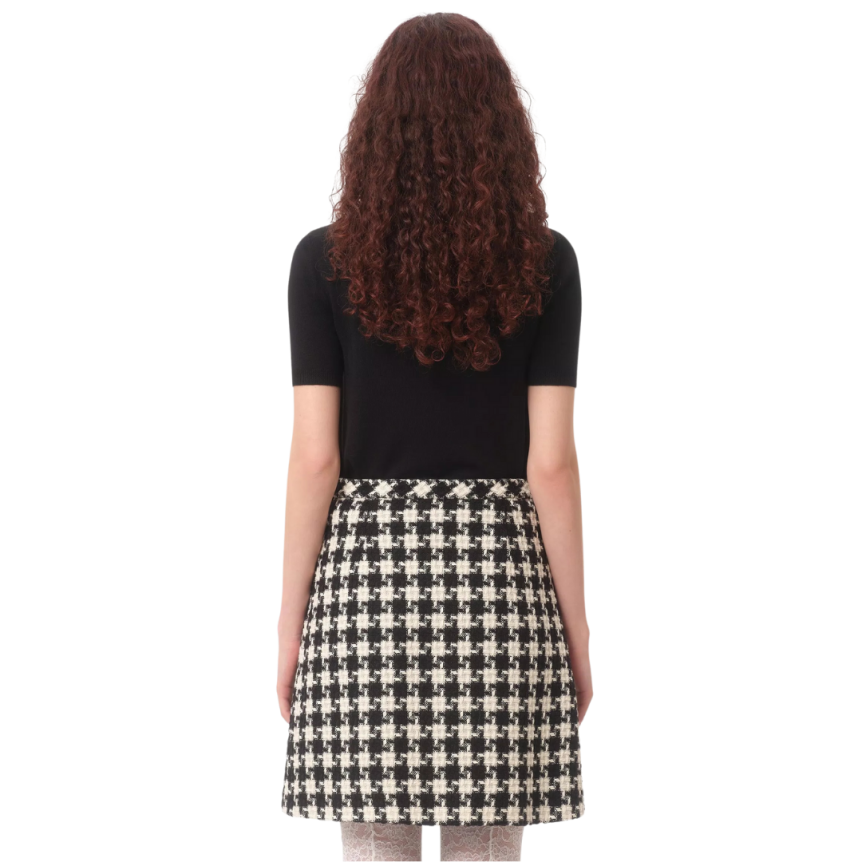 Pull manche courte VALENTINO col rond laine vierge noire broderie col bijou