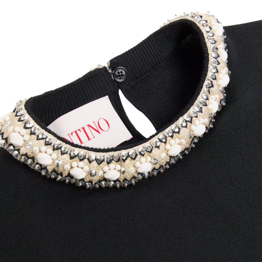 Pull manche courte VALENTINO col rond laine vierge noire broderie col bijou