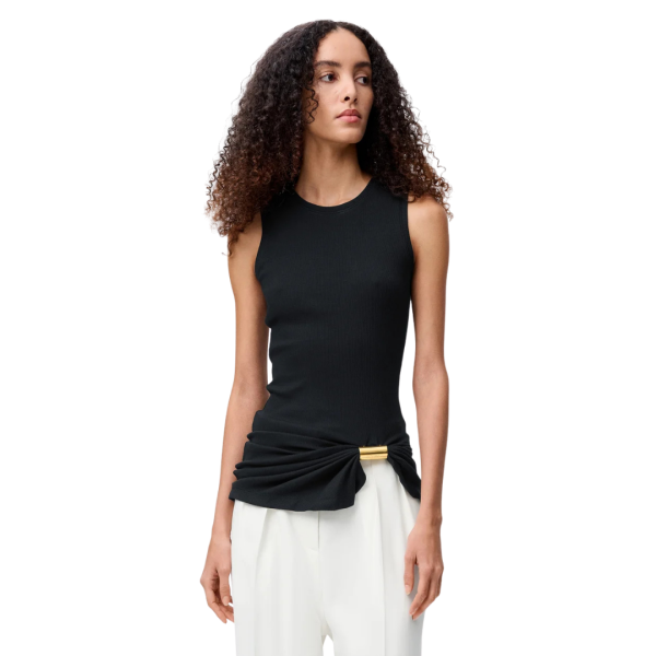 LOEWE Top débardeur asymétrique coton stretch noir boucle amovible dorée
