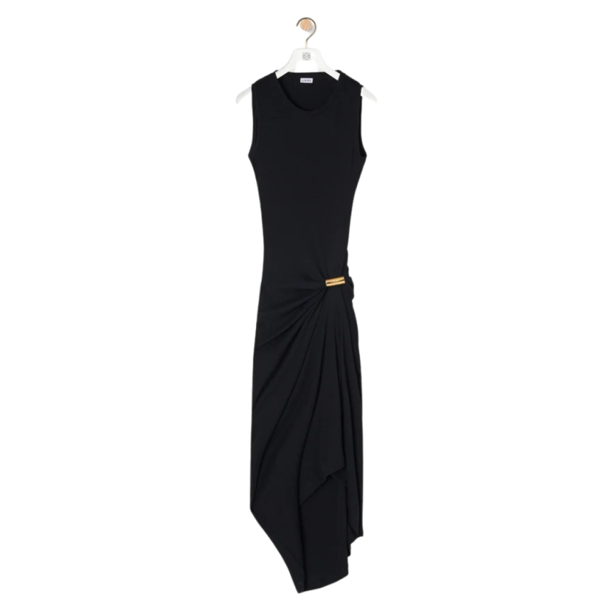 LOEWE Robe débardeur asymétrique coton stretch noir boucle amovible dorée