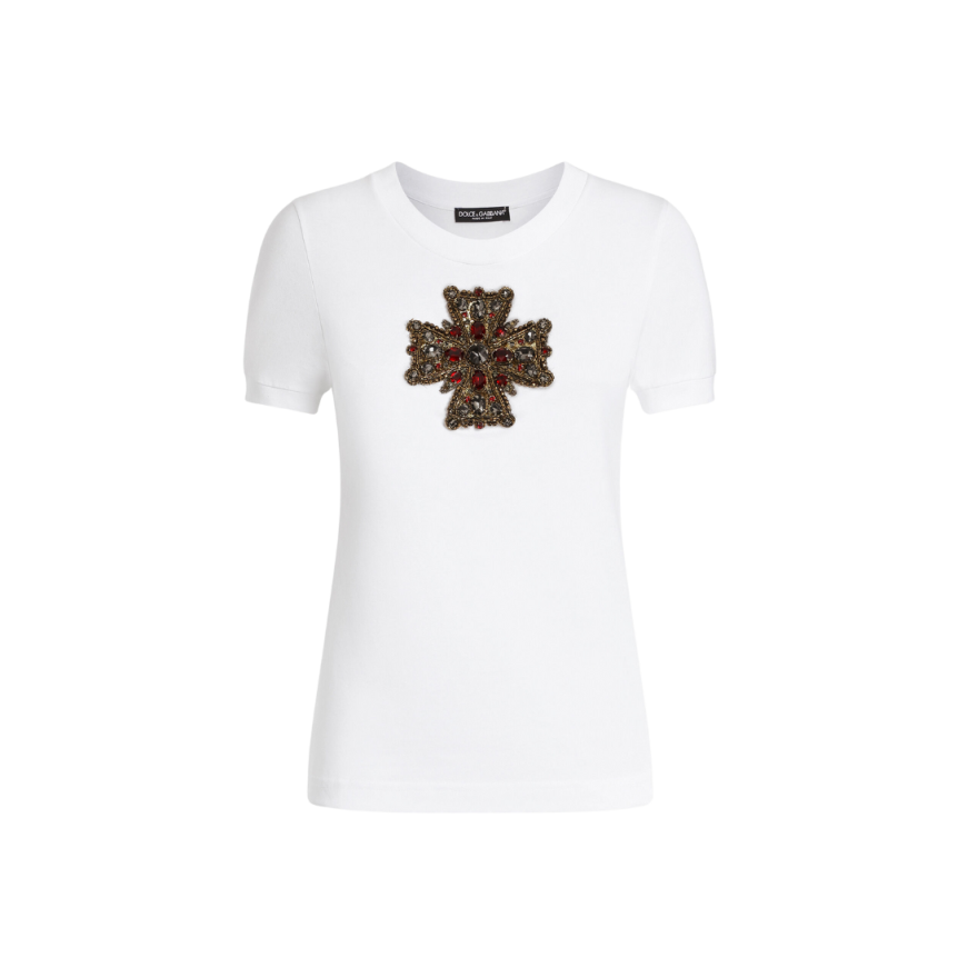 T-shirt DOLCE & GABBANA col rond coton blanc croix Swarovski