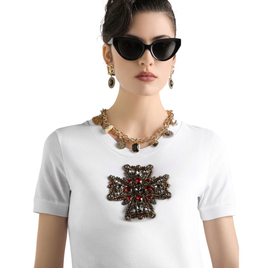T-shirt DOLCE & GABBANA col rond coton blanc croix Swarovski