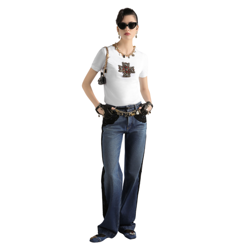 T-shirt DOLCE & GABBANA col rond coton blanc croix Swarovski