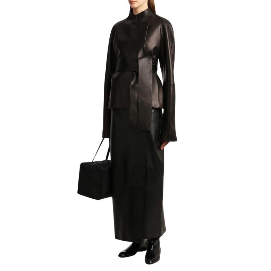 Veste portefeuille KHAITE Edith cuir agneau noir ceinture à nouer