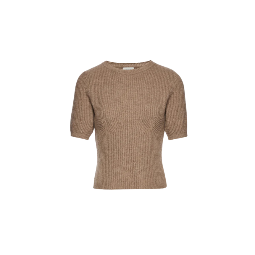MAGDA BUTRYM Pull col rond manche courte cachemire maille côtelée beige