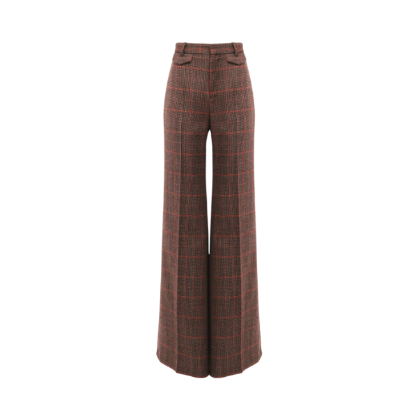 Pantalon taille haute CHLOE évasé laine carreaux marron