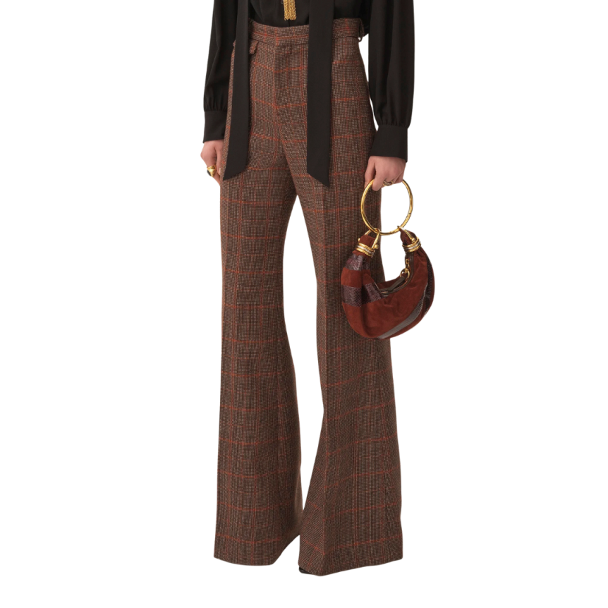 Pantalon taille haute CHLOE évasé laine carreaux marron