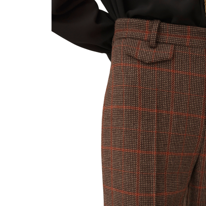 Pantalon taille haute CHLOE évasé laine carreaux marron