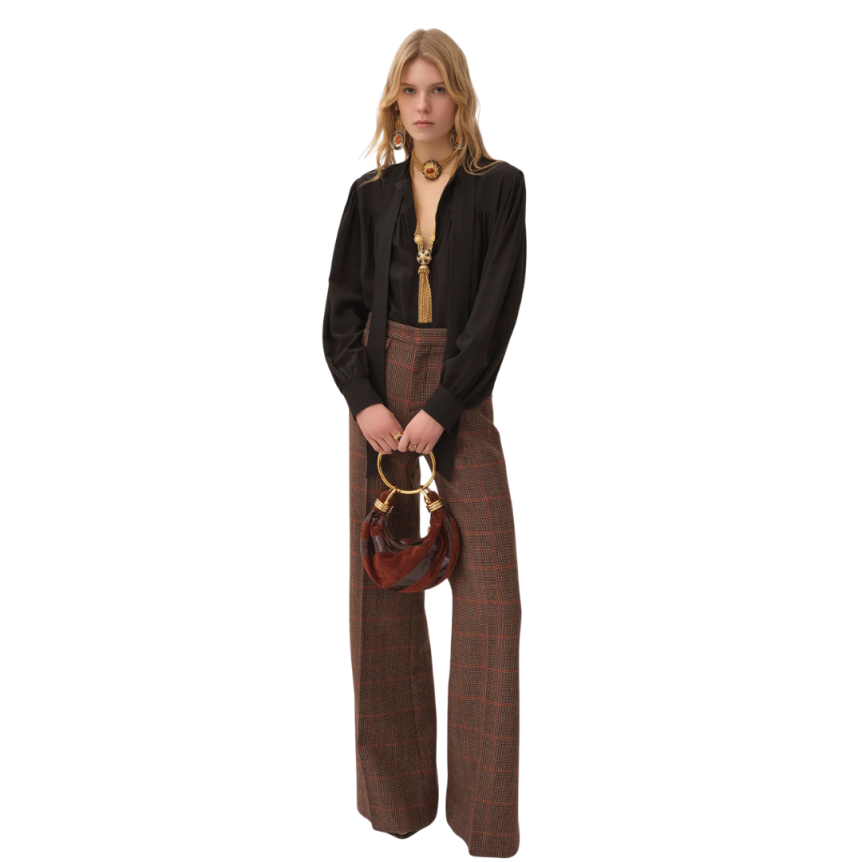 Pantalon taille haute CHLOE évasé laine carreaux marron